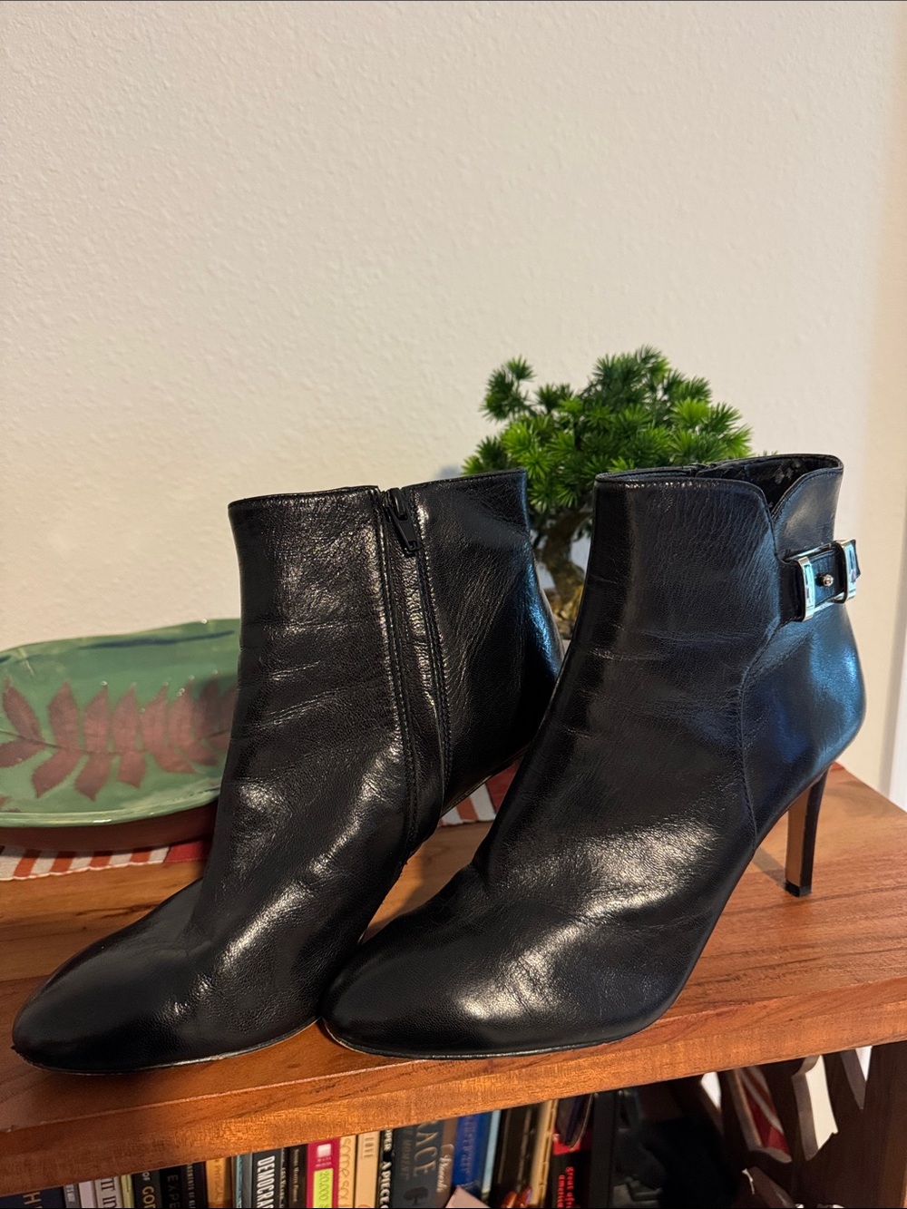 Nine West Black Leather Pointed Toe Ankle Booties with Side Buckle